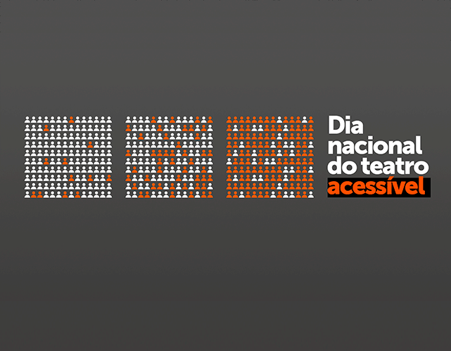 Ilustração de mapa de assentos de plateia de teatro, com pequenos bonecos representando os assentos. Em geral, nesses mapas, há poucos lugares demarcados para acessibilidade. Nessa ilustração, mostramos um mapa igualitário, com metade de lugares para acessibilidade e metade para não-acessibilidade, representando a visibilidade que o dia nacional do teatro acessível quer trazer para o assunto.