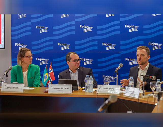 Da esq. para dir.: Mette Tangen (Consulado da Noruega), Rodrigo Santiago (Firjan) e Thomas Grønli (Innovation Norway-Brasil)